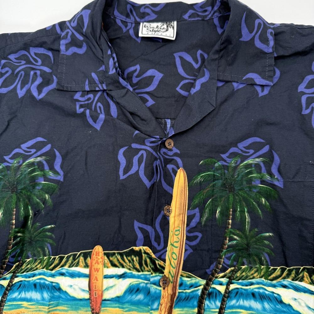 Paradise Style Hawaii Shirt Mens L Navy Blue Surfboard Scenic Aloha Camp Cotton